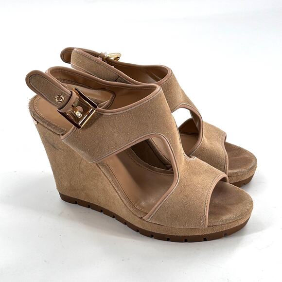 Michael Kors Gillian Wedge Sandals 8.5 Tan Suede Heels Resort Travel Beach - Picture 1 of 7